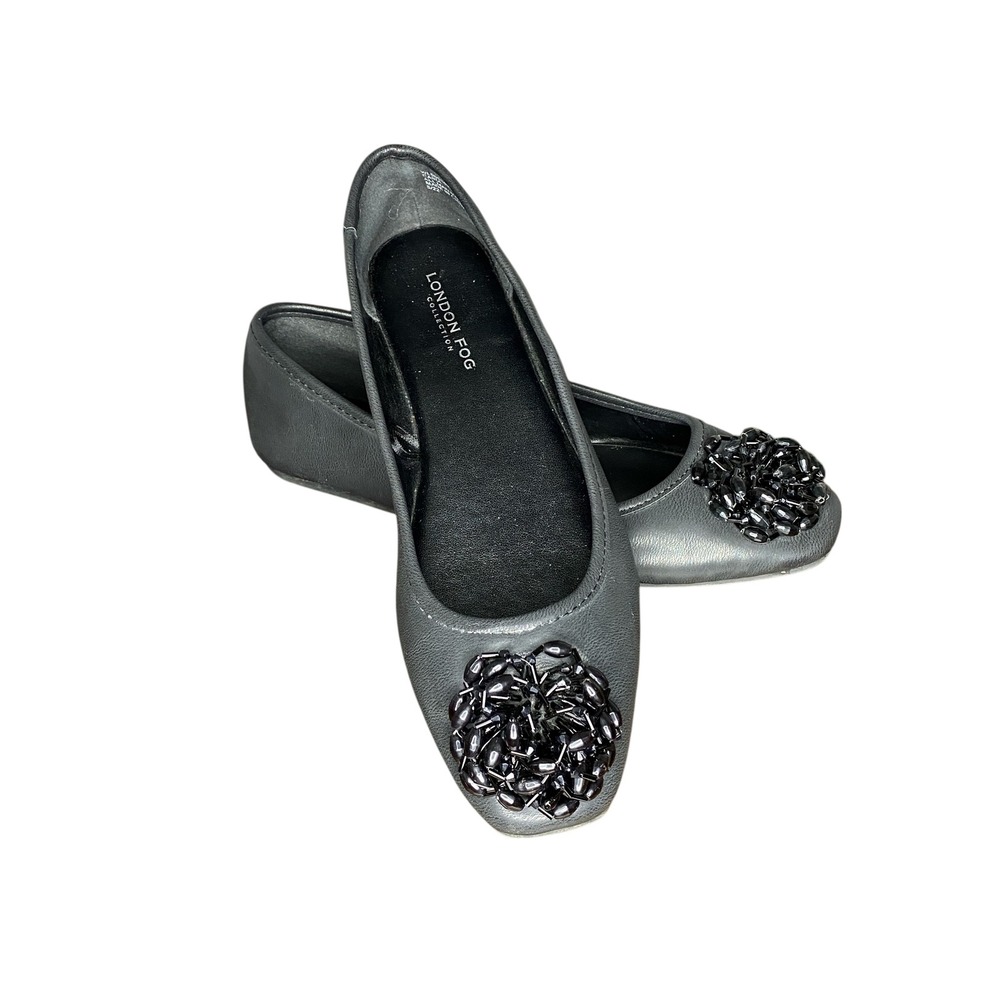 London Fog Collection Ballet Flats Embellished Flower Detail Shoes Black 7.5M